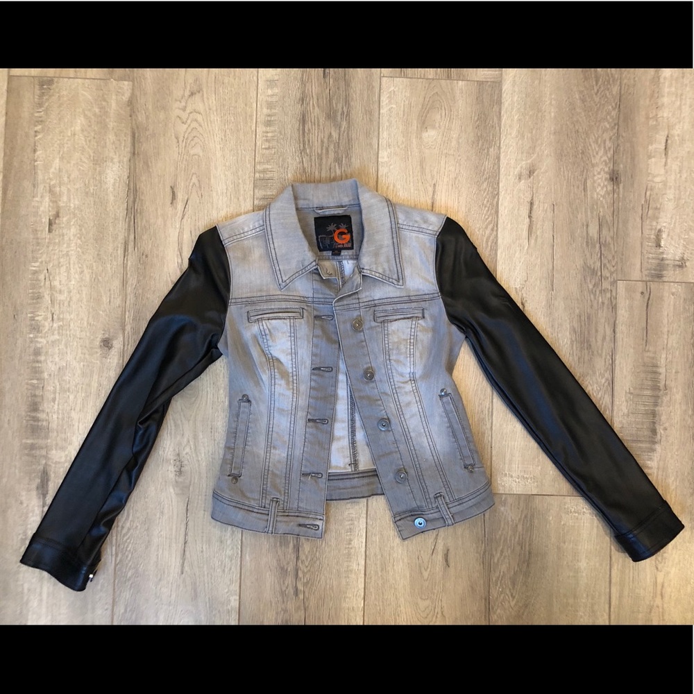 GUESS Grey Denim Vegan Leather Black Sleeve Jacket